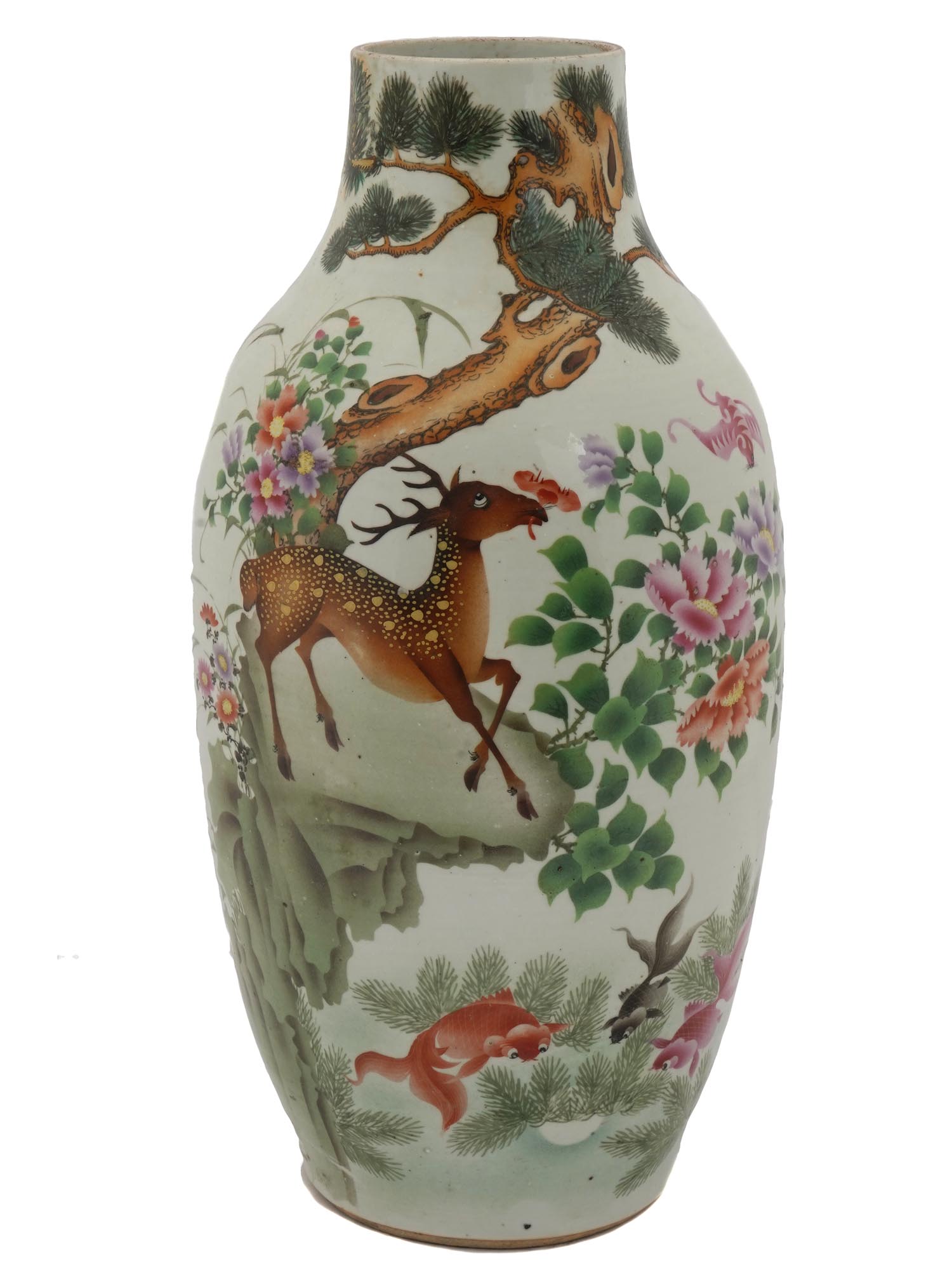 LARGE CHINESE HAND PAINTED DEER PORCELAIN VASE PIC-0